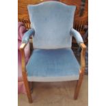 An upholstered George III mahogany elbow chair together with a 19th century mahogany bordaloue with
