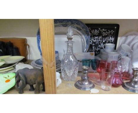 Assorted meat plates together with part coffee set, coloured glasses, electroplated flatwares, Carltonware dishes, binoculars