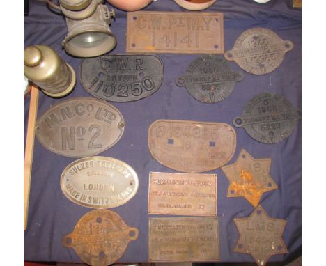 A collection of Railway plates and lamp including LMS 164246 Mar 1943, GWR etc