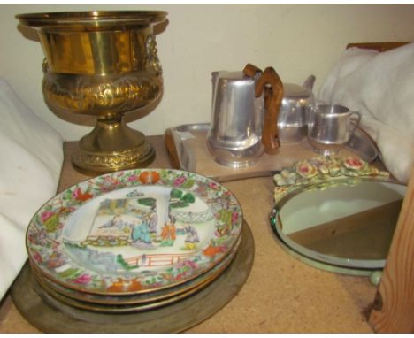 Chinese porcelain plates together with a floral decorated easel mirror, brass urn, Picquot ware part tea set etc