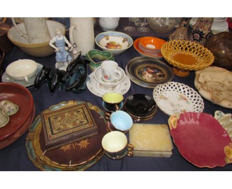 An Arthur Wood silver shield hope water pot together with assorted decorative plates, glass bowl, Poole pottery dolphins, jug