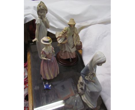 A Lladro figure of a lady holding lilies together with a recollections of wales figurine, a Nao figure of a yawning child and