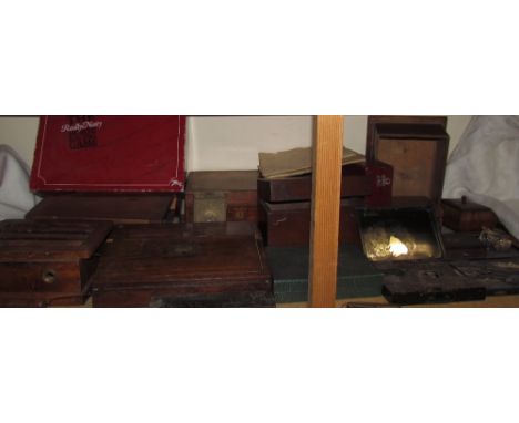 A geometry set together with a rosewood laptop desk, jewellery boxes, artists paints, etc