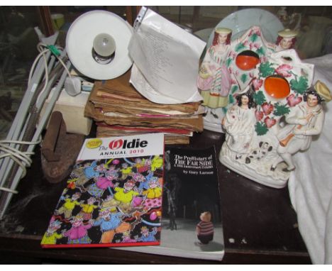 A collection of records together with a pair of Staffordshire watch figures, post cards, books, angle poise lamp etc