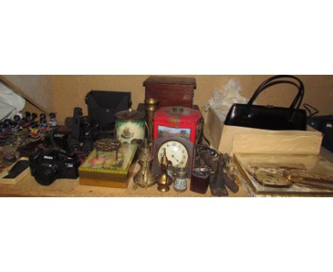 A Robertson's Gollywog band together with keyrings, cameras, tins, Smiths clock, lighters, opera glasses, dressing table set,