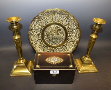 A 19th century French ebonised tea caddy; a pair of Georgian style brass candlesticks; etc (4)