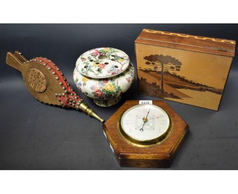 An aneroid wall barometer; a marquetry box; a Staffordshire Chintz rose bowl; a pair of bellows (4)