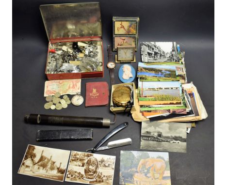 A Swanee whistle; keys, various; postcards; musical compact; chrome pocket watch; etc