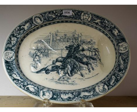 An unusual late 19th century Wedgwood Ivanhoe pattern oval meat plate, transfer printed with a named-scene Ivanhoe Overthrows