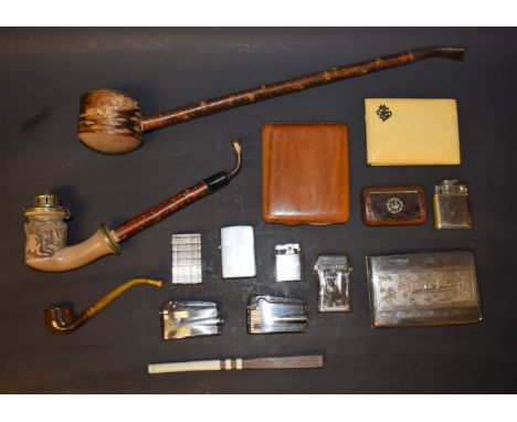 Tobacciana - a Vietnamese white metal cigarette case; a 19th century snuff box, white metal bird detail; a long wooden pipe; 