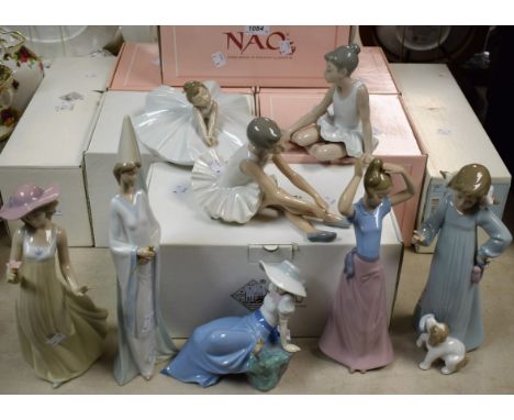 Ceramics - Nao figures, to include Thoughtful Fairy, Ballet Sentada, Girl with Dog, Boy dressed as a Clown, Girl with Bird; e