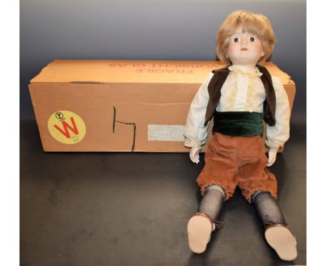 Alresford Crafts Ltd - a 1980s ceramic boy doll, CD68, Robert, fixed brown eyes, light brown hair, frilled shirt, brown waist