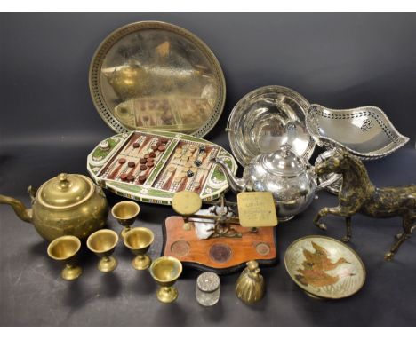Metalware - a silver plated teapot; a plated sugar sifter; a set of postal scales with weights; a figure of a trotting horse;