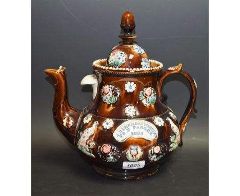 A Victorian bargeware teapot, A Birthday Present to E Parker, 1883