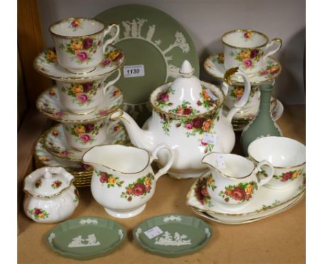 Ceramics - a Royal Albert Old Country Roses teapot; other similar Royal Stafford cups and saucers; Wedgwood Jasperware