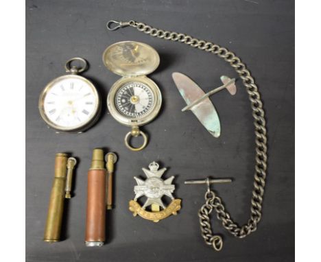 Military Interest - a 1916 issue compass, shell case lighter; Nottinghamshire and Derbyshire cap badge; silver cased pocket w