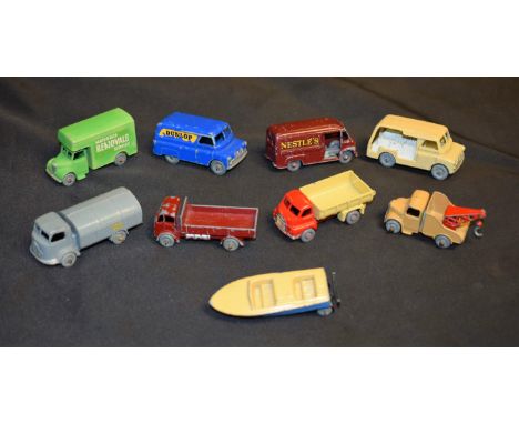 Matchbox Toys - No 13 Wreck Truck, tan body, red crane and hook, metal wheels, 54mm long;  No 17 Matchbox Removals Van, light