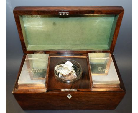 A mid 19th century rosewood tea caddy, adapted interior, well fitted interior to include white metal tea/coffee canisters, mi