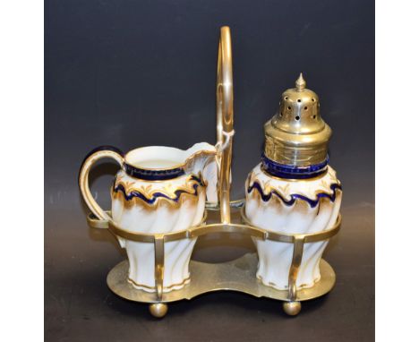 A George Jones & Son EPNS-mounted porcelain strawberry set, comprising wrythern fluted cream jug and baluster caster, each de