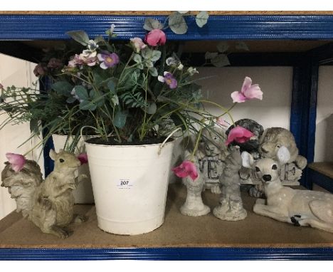 1 SHELF OF GARDEN FIGURINES ETC