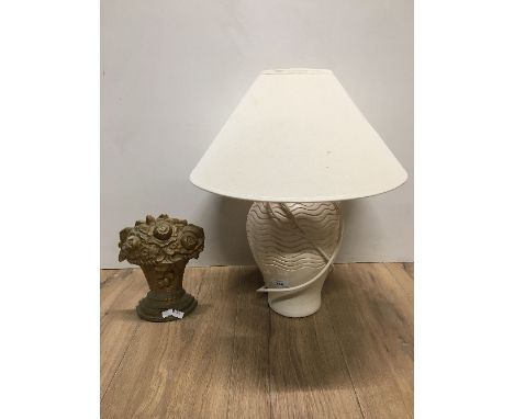 WHITE TABLE LAMP AND SHADE WITH CAST IRON DOOR STOP