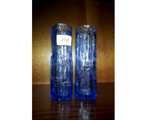 A PAIR OF BLUE BARK EFFECT ART GLASS VASES