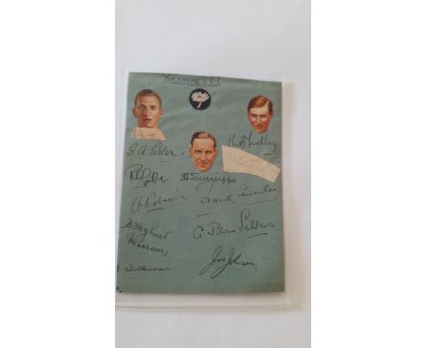 CRICKET, signed album page, Yorkshire, 1937/8, 11 signatures inc. Sutcliffe, Hutton, Yardley, Wilkinson, Joe Johnson (rare) e