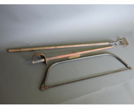 A George V officer's sword, with shagreen grip (in need of restoration); together with a vintage bowsaw and hoe.