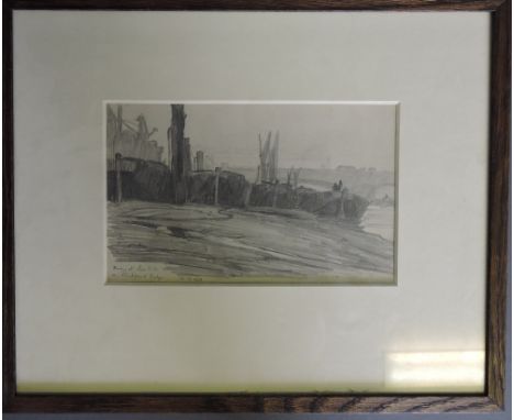 Leslie Moffat Ward, RE SGA (British, 1888-1978), Barges at Low Tide near Blackfriars Bridge, pencil sketch, titled and dated 