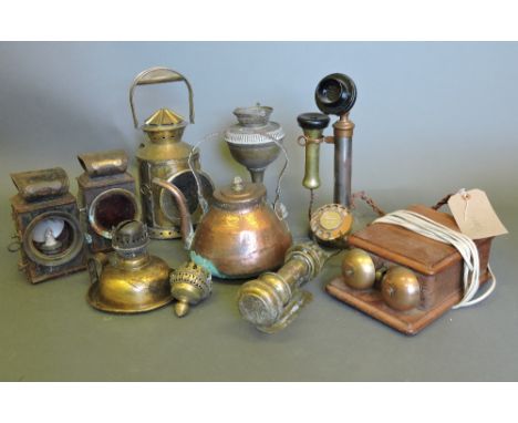 A candlestick type telephone incorporating a mahogany bell box, together with a small quantity of metalware including two GPO