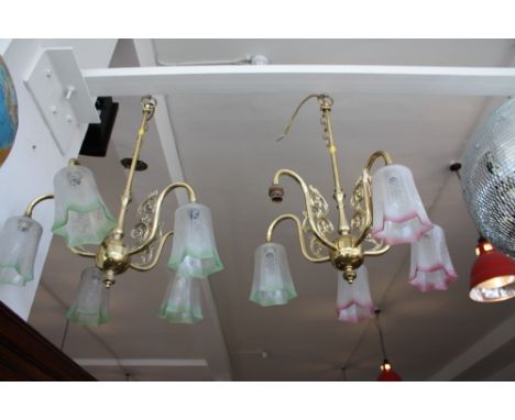A pair of Christopher Wray Victorian design brass five-branch ceiling lights, with opaque glass shades, H.  64cm; together wi