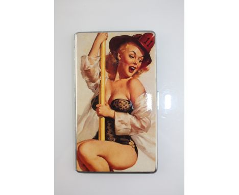 A rectangular cigarette case, the cover decorated a saucy lady on a fireman's pole, H. 14cm.