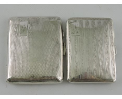 An Art Deco style silver cigarette case, Birmingham 1936, by Fredrick Field, engine turned and engraved with initials, togeth