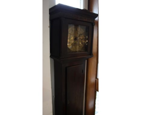 A George III oak 30 hour longcase clock, the square brass dial engraved with a running hund in a rural landscape over calenda