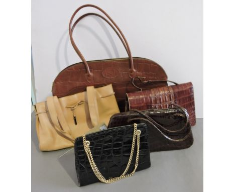 A Mulberry faux tan crocodile shoulder bag, 3 vintage crocodile handbags and a Gucci sand leather bag