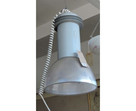 An industrial style grey ceiling light with ribbed perspex shade, H. 50cm.