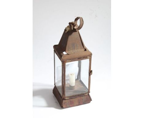 Second World War home made tin candle lantern, information with the lantern states that it was made in Guernsey during the Ge