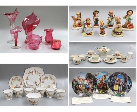 A Quantity of Ceramics and Glass, including various Hummel figures, cranberry glass, Royal Albert "Dainty Dinah" tea set, nur