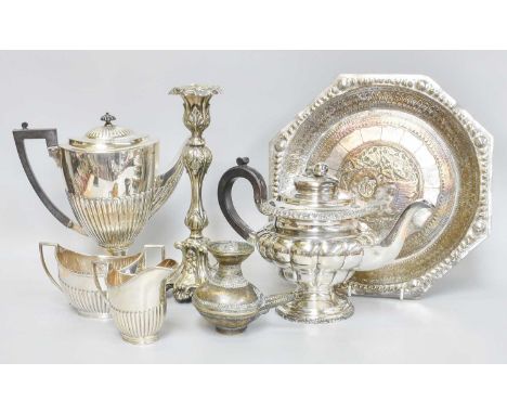 A Collection of Assorted Silver Plate, including various tea and coffee-wares and a candlestick; Together With various other 