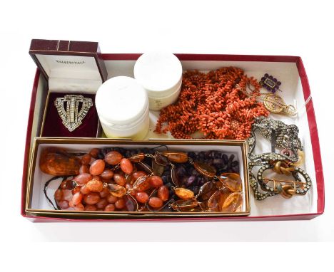 A Quantity of Jewellery, including an enamel locket on chain; an amethyst and split pearl brooch; coral beaded sections; quar