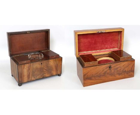 An Early Victorian Mahogany Tea Caddy, crossbanded, housing two canisters and a glass mixing bowl; together with a similar (2
