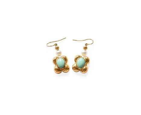 A Pair of Cultured Pearl and Green Hardstone Drop Earrings, a yellow plain polished bead and a cultured pearl suspend a caboc