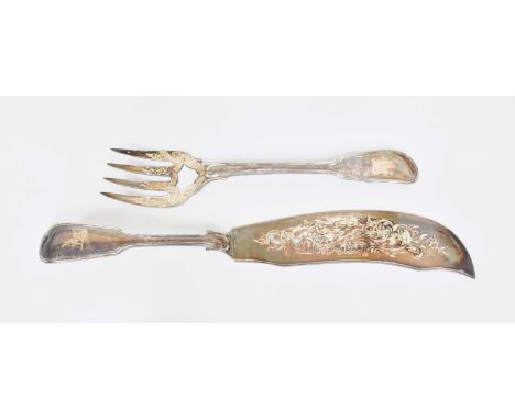 A Victorian Silver Fish Serving-Fork and Fish Serving-Knife, by Elizabeth Eaton, London, 1854, Fiddle Thread pattern, engrave
