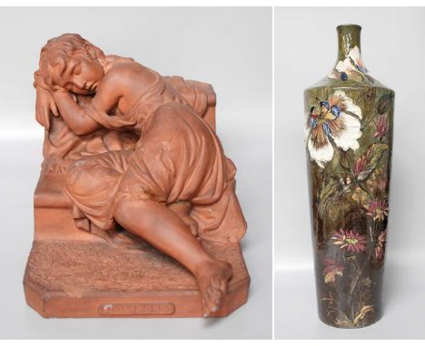 A Terracotta Sculpture of a Sleeping Girl, 41cm wide; together with a large Burmantofts style high-shouldered vase, impasto w