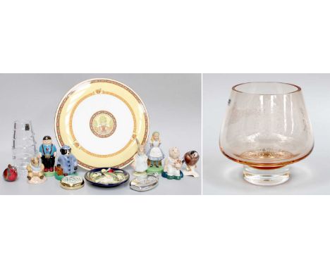 A Moorcroft Plaque, Caithness Bowl, Various Ceramic Figures, including Wade and Royal Albert, enamel paperweight, Goebel bird