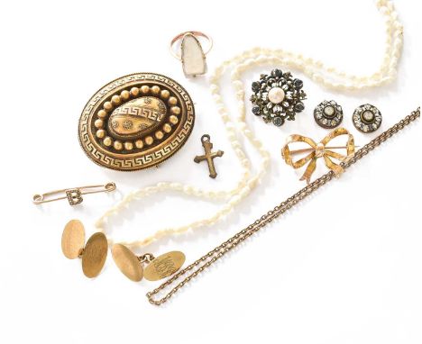 A Small Quantity of Jewellery, including a pair of cufflinks stamped '9CT'; a mourning brooch with Greek key and ropework dec