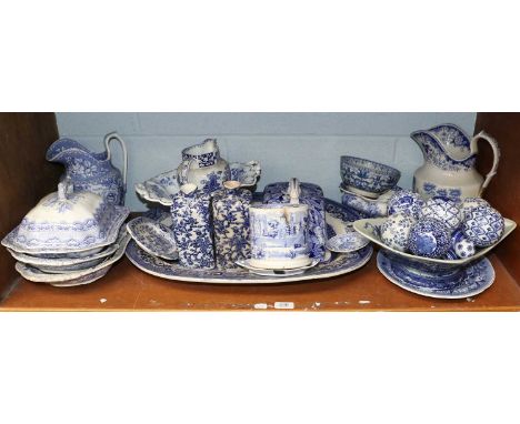 A Collection of 19th Century and Later English Blue and White Printed Pottery, comprising a tazza, meat dishes, jugs etc. tog
