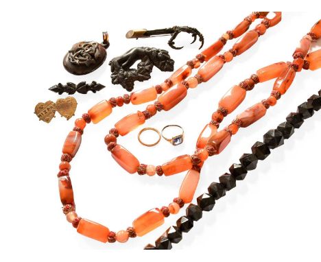 A Quantity of Jewellery, including a carnelian necklace, length 164cm; an 18 carat gold band ring, finger size K; a synthetic