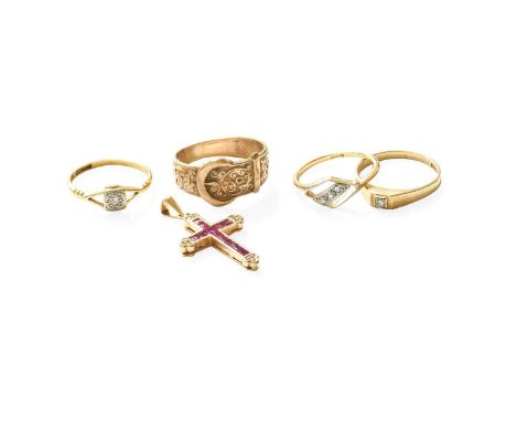 A Small Quantity of Jewellery, comprising of a ruby and diamond cross pendant, the bale stamped '14K', measures 2.5cm by 1.7c