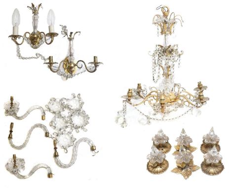 A Cut-Glass-Mounted Gilt-Metal Six-Light Electrolier, late 19th/20th century, with fluted baluster column and scroll branches